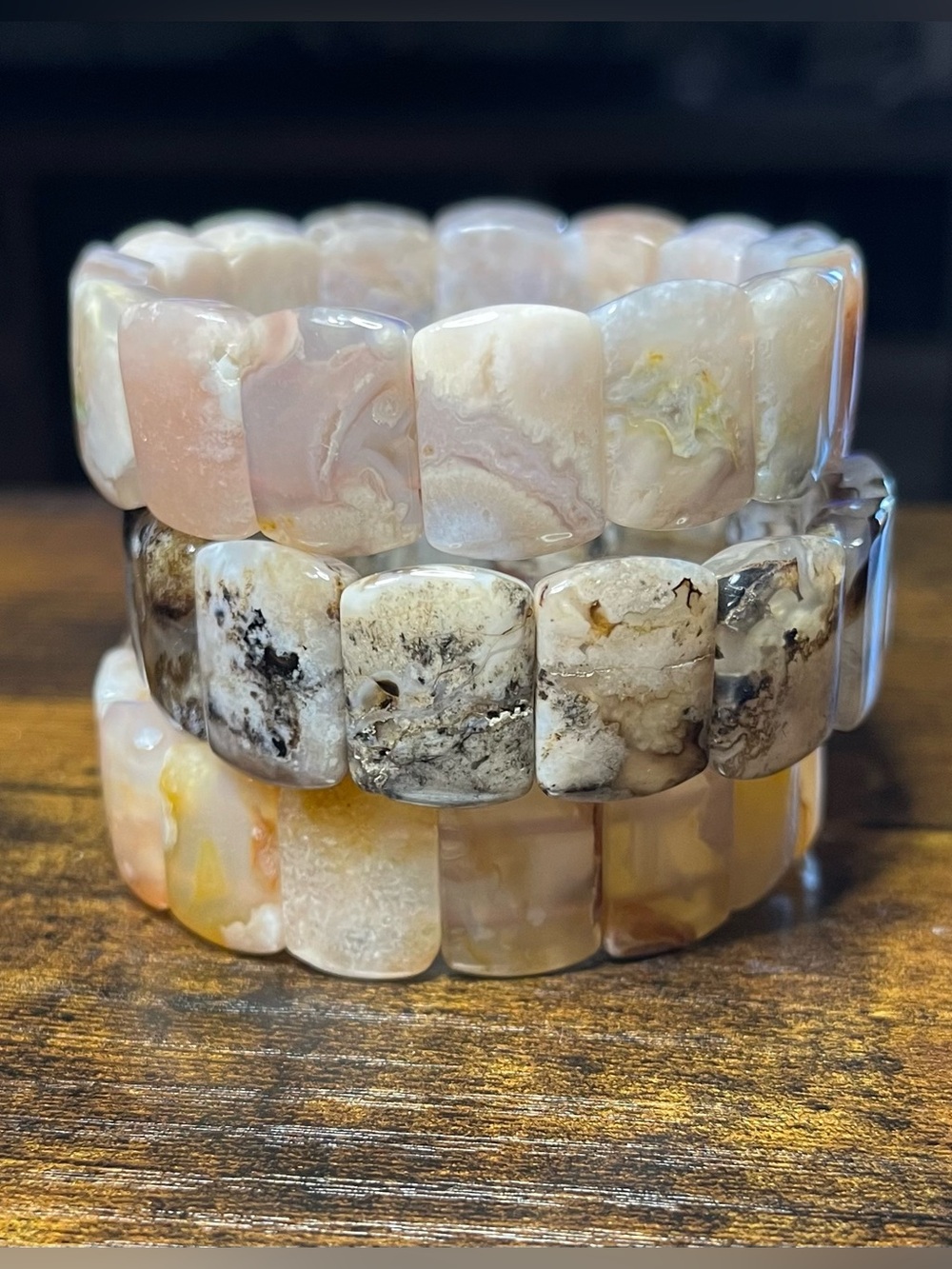 🌸 Natural Flower Agate Bracelet Trio | 3 Stretch Soft Bangles